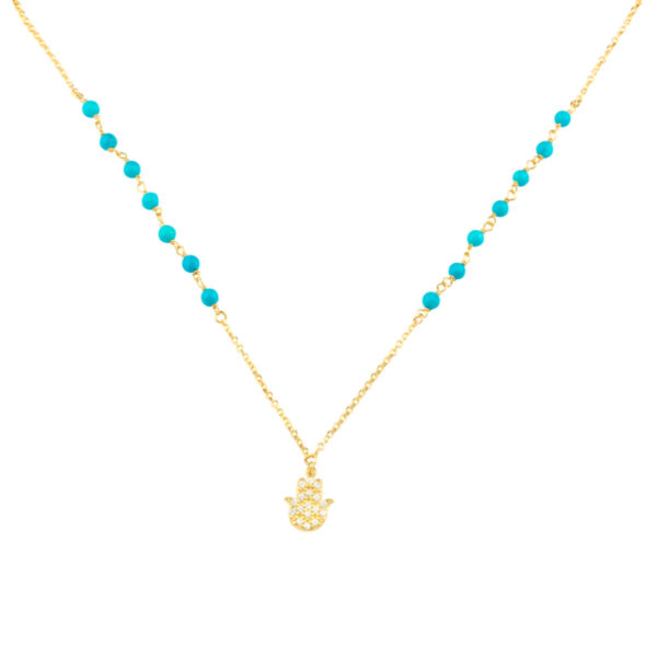 Κολιέ 9Κ σε κίτρινο χρυσό παλάμη με ζιργκόν και τυρκουάζ