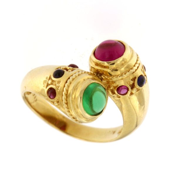 Δαχτυλίδι 14Κ σε κίτρινο χρυσό με Συνθετικό Ζαφείρι, Συνθετικό Σμαράγδι και Συνθετικό Ρουμπίνι